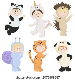 Vector isolated illustration of a set of children in animal costumes. Cute cartoon kids like panda, unicorn, sheep, hedgehog, tiger, snail
