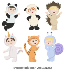 Vector isolated illustration of a set of children in animal costumes. Cute cartoon kids like panda, unicorn, sheep, hedgehog, tiger, snail
