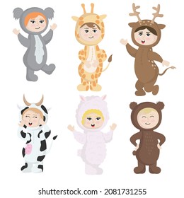 Vector isolated illustration of a set of children in animal costumes. Cute cartoon kids like bear, lama, koala, cow, girage, deer
