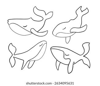 Vector aislado ilustración de un conjunto de ballenas de contorno sobre un fondo blanco.	