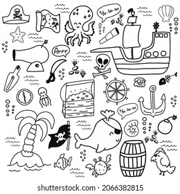 Vector isolated illustration set of doodle pirate bundle.Cute doodle pirate bundle, ship, whale, island, octopus, chest. Marine kids theme for fabric, textile, packaging
