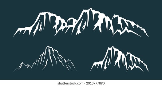 Vector isolated illustration with set of everest mountain silhouettes. Rocky and snowy peak landscapes.