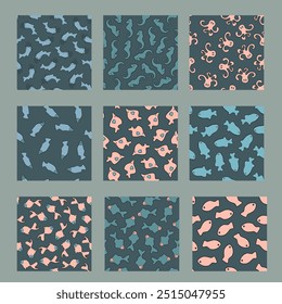 Vector isolated illustration of a set of fish patterns. Water world patterns.