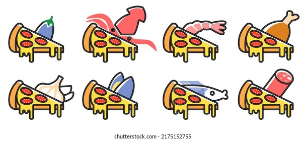 Ilustración vectorial aislada con un conjunto de iconos de diferentes tipos de pizzas. Se puede usar en diseño web, banners, etc.