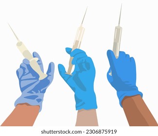 Vector isolated illustration of a set of injections. A man's hand in a glove holds a syringe.