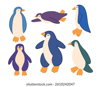 Vector isolated illustration of a set of penguins on a white background.