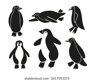 Vector isolated illustration of a set of penguins on a white background. Drawing of penguin silhouettes.	