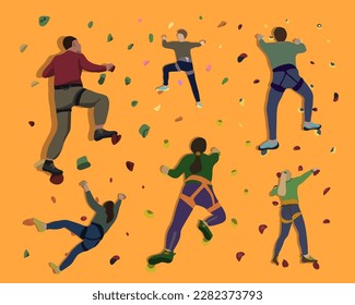 Vector isolated illustration of a set of people on a climbing wall. Training for climbers. Bouldering.