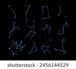 Vector isolated illustration set of zodiac sign constellations with neon effect.