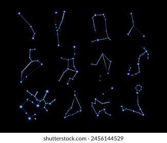 Vector isolated illustration set of zodiac sign constellations with neon effect.