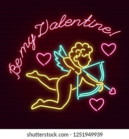 Vector isolated illustration of shooting Cupid with bow and arrow. Neon design for Valentine`s day. Hearts and inscription on the brick wall