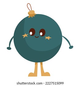 Ilustración vectorial aislada mostrando globo azul de Navidad con emoción y en movimiento en estilo retro de dibujos animados. Plantilla para diseño en groovy, hippie, estilo retro.