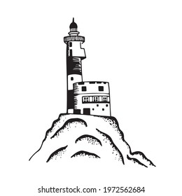 Vector isolated illustration, silhouette of a lighthouse on a rock hand-drawn in ink, in the sea, shadow, shading. Freedom. Stylish black and white graphic. Free hand sketch, minimalism. Вeacon, tower