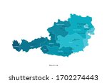 Vector isolated illustration. Simplified administrative map of Austria in blue colors. White background and outlines. Names of austrian cities and states. 