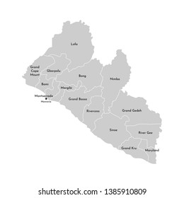Vector isolated illustration of simplified 
 administrative map Liberia. Borders of the counties and names. Grey silhouettes and white outline. White background
