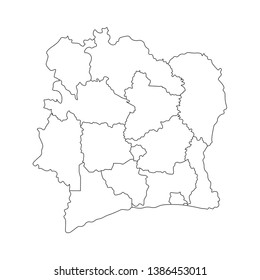 Vector isolated illustration of simplified administrative map Ivory Coast (Côte d'Ivoire). Borders of the counties. Black line silhouettes. White background