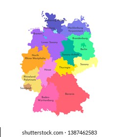 Vector isolated illustration of simplified administrative map of Germany. Borders and names of the states (regions). Colorful silhouettes. White background