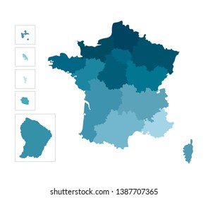 Vector isolated illustration of simplified administrative map of France. Borders  of the regions. Colorful blue silhouettes