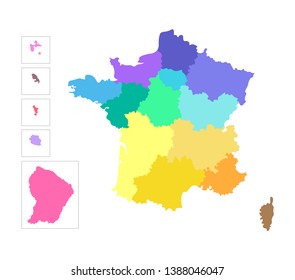 Vector isolated illustration of simplified administrative map of France. Borders of the regions. Colorful silhouettes