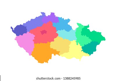 Vector isolated illustration of simplified administrative map of Czech Republic. Borders of the regions. Multi colored silhouettes