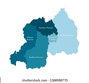 Vector isolated illustration of simplified administrative map of Rwanda. Borders and names of the regions. Colorful blue silhouettes