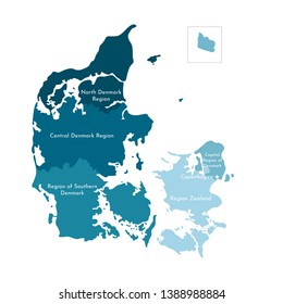 Vector isolated illustration of simplified administrative map of Denmark. Borders and names of the regions. Colorful blue silhouettes