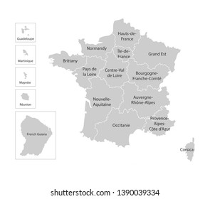 Vector isolated illustration of simplified administrative map of France. Borders and names of the regions. Grey silhouettes, white outline