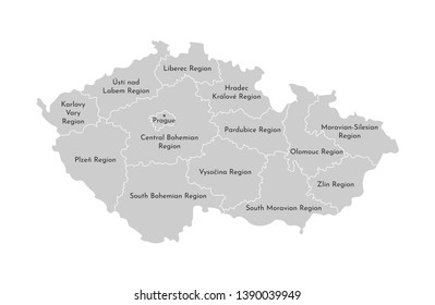 Vector isolated illustration of simplified administrative map of Czech Republic. Borders and names of the regions. Grey silhouettes, white outline