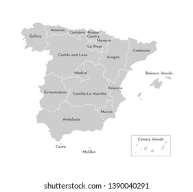 Vector isolated illustration of simplified administrative map of Spain. Borders and names of the counties. Grey silhouettes. White outline and background