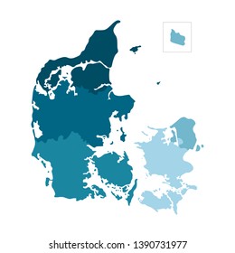 Vector isolated illustration of simplified administrative map of Denmark. Borders of the regions. Colorful blue silhouettes