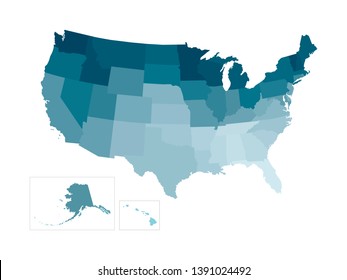 Vector isolated illustration of simplified administrative map of USA (United States of America). Borders of the states. Colorful blue khaki silhouettes