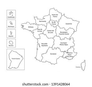 Vector isolated illustration of simplified administrative map of France. Borders and names of the regions. Black line silhouettes.