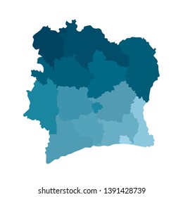 Vector isolated illustration of simplified administrative map Ivory Coast (Cote d'Ivoire). Borders of the counties. Blue khaki colors silhouettes. White background