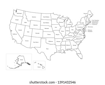 Vector isolated illustration of simplified administrative map of USA (United States of America). Borders and names of the states. Black line silhouettes