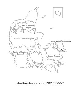 Vector isolated illustration of simplified administrative map of Denmark. Borders and names of the regions. Black line silhouettes