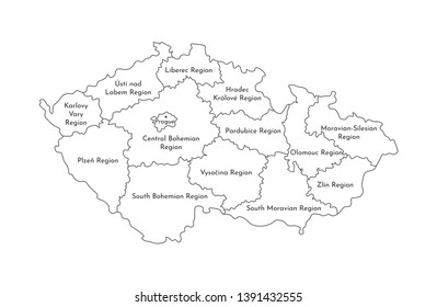 Vector isolated illustration of simplified administrative map of Czech Republic. Borders and names of the regions. Black line silhouettes