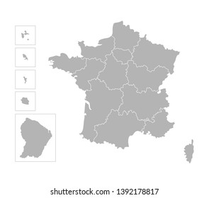 Vector isolated illustration of simplified administrative map of France. Borders  of the regions. Grey silhouettes, white outline