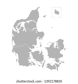 Vector isolated illustration of simplified administrative map of Denmark. Borders of the regions. Grey silhouettes, white outline