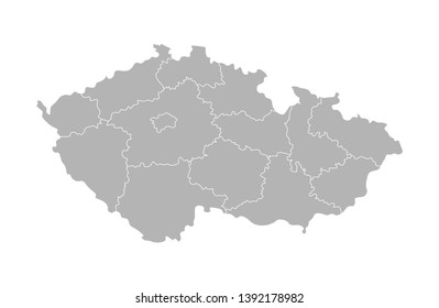 Vector isolated illustration of simplified administrative map of Czech Republic. Borders of the regions. Grey silhouettes, white outline
