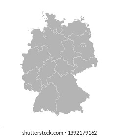 Vector isolated illustration of simplified administrative map of Germany. Borders of the states (regions). Grey silhouettes. White background and outline