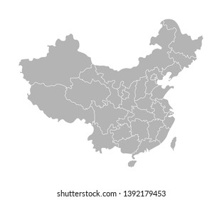 Vector isolated illustration of simplified administrative map of China. Borders of the provinces (regions). Grey silhouettes. White outline