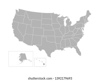 Vector isolated illustration of simplified administrative map of USA (United States of America). Borders of the states (regions). Grey silhouettes. White outline