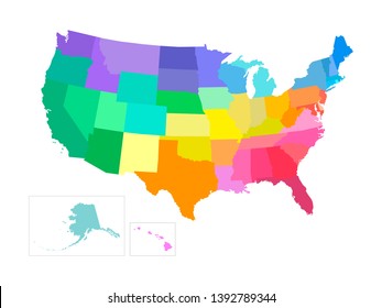 Vector isolated illustration of simplified administrative map of USA (United States of America). Borders of the states. Multi colored silhouettes