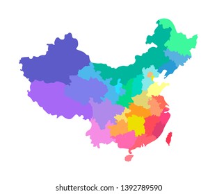 Vector isolated illustration of simplified administrative map of China. Borders of the regions. Multi colored silhouettes