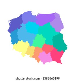 Vector isolated illustration of simplified administrative map of Poland. Borders of the regions. Multi colored silhouettes