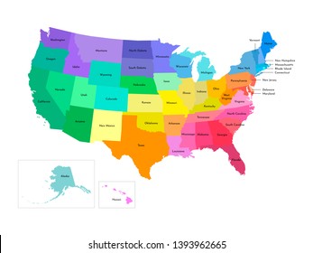 Vector isolated illustration of simplified administrative map of USA (United States of America). Borders and names of the states. Multi colored silhouettes