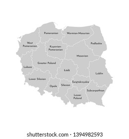 Vector isolated illustration of simplified administrative map of Poland. Borders and names of the provinces (regions). Grey silhouettes. White outline.