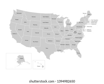 Vector isolated illustration of simplified administrative map of USA (United States of America). Borders and names of the states (regions). Grey silhouettes. White outline.