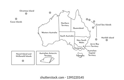 Vector isolated illustration of simplified administrative map of Australia. Borders and names of the regions. Black line silhouettes