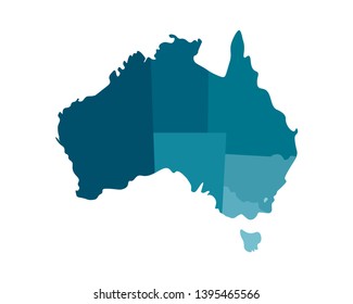 Vector isolated illustration of simplified administrative map of Australia. Borders of the regions including only nearest territories. Colorful blue khaki silhouettes.